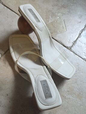 STEVE MADDEN Inspired White Square-Toe Clear-Strap Block Heels